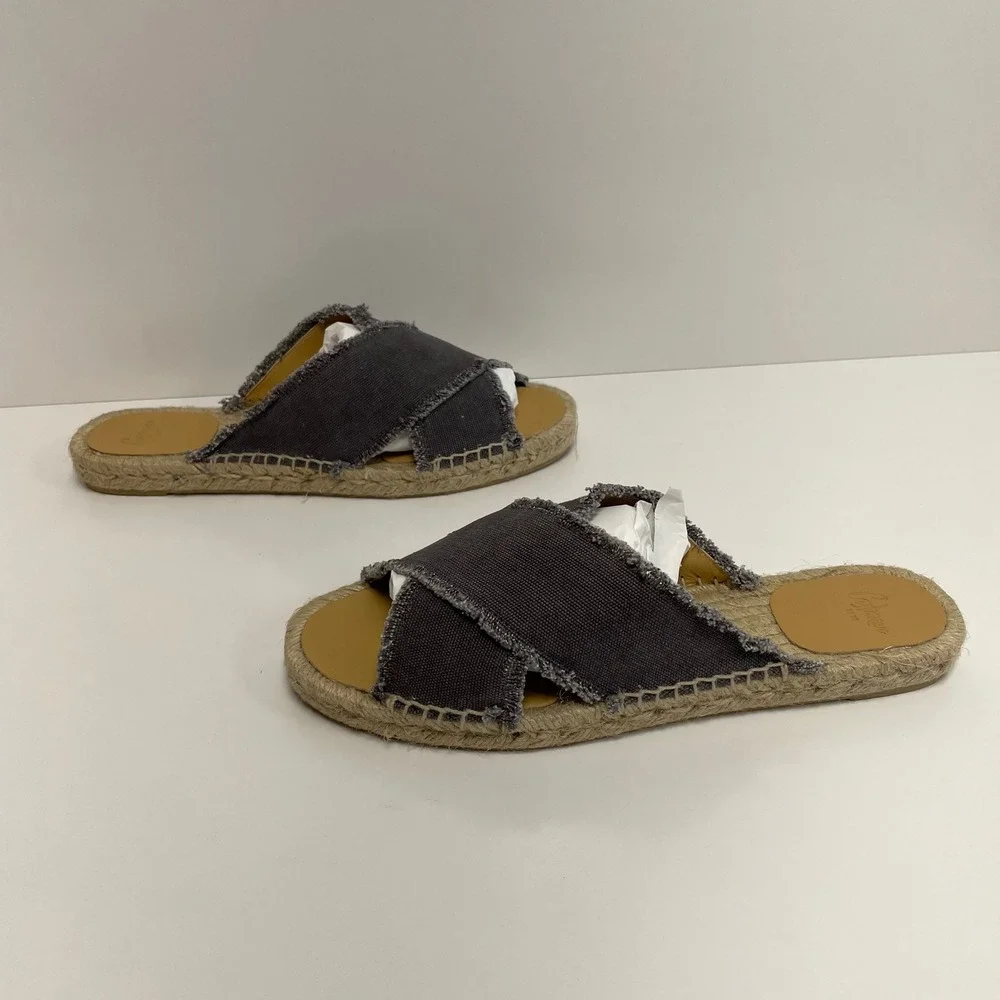 Castaner Palmera Charcoal Grey Frayed Canvas Espadrille Slide Sandals EU 39 US 8